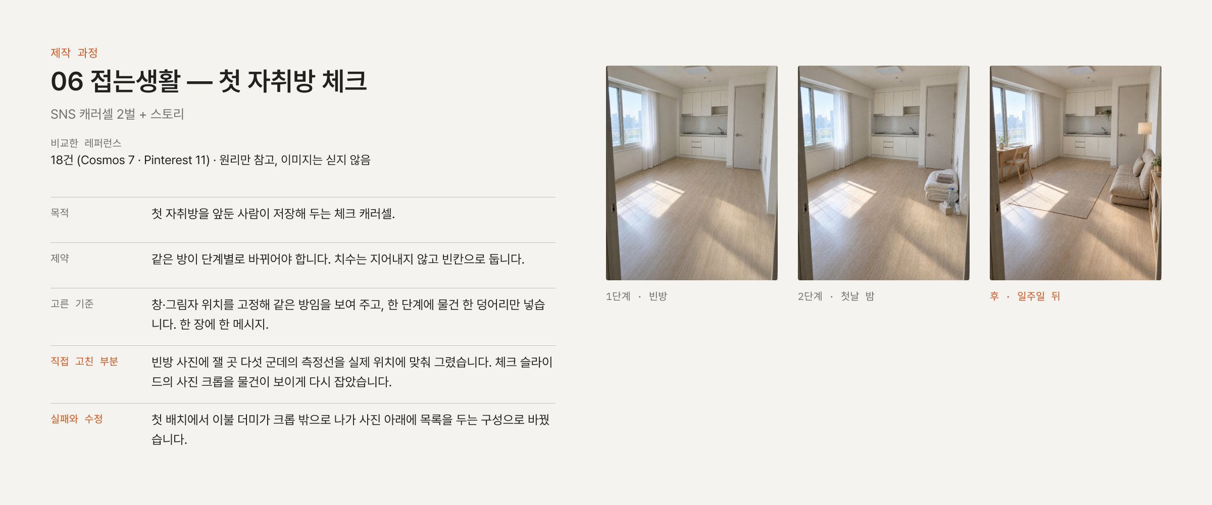 제작 과정 — 빈방, 첫날 밤, 일주일 뒤 같은 방의 세 단계