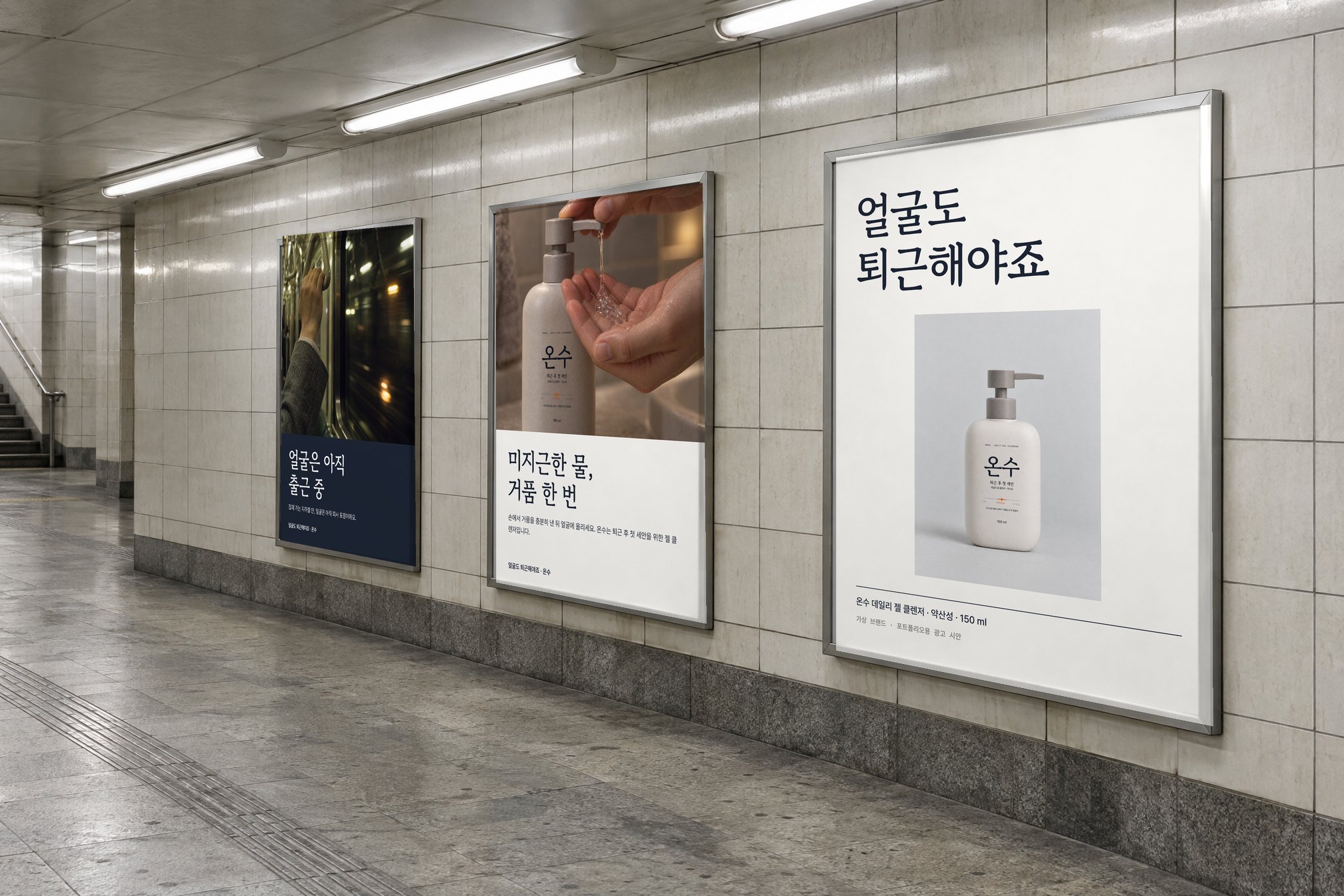 지하 통로 포스터 세 장 — 지하철 손잡이, 펌프를 누르는 손, 병 정면