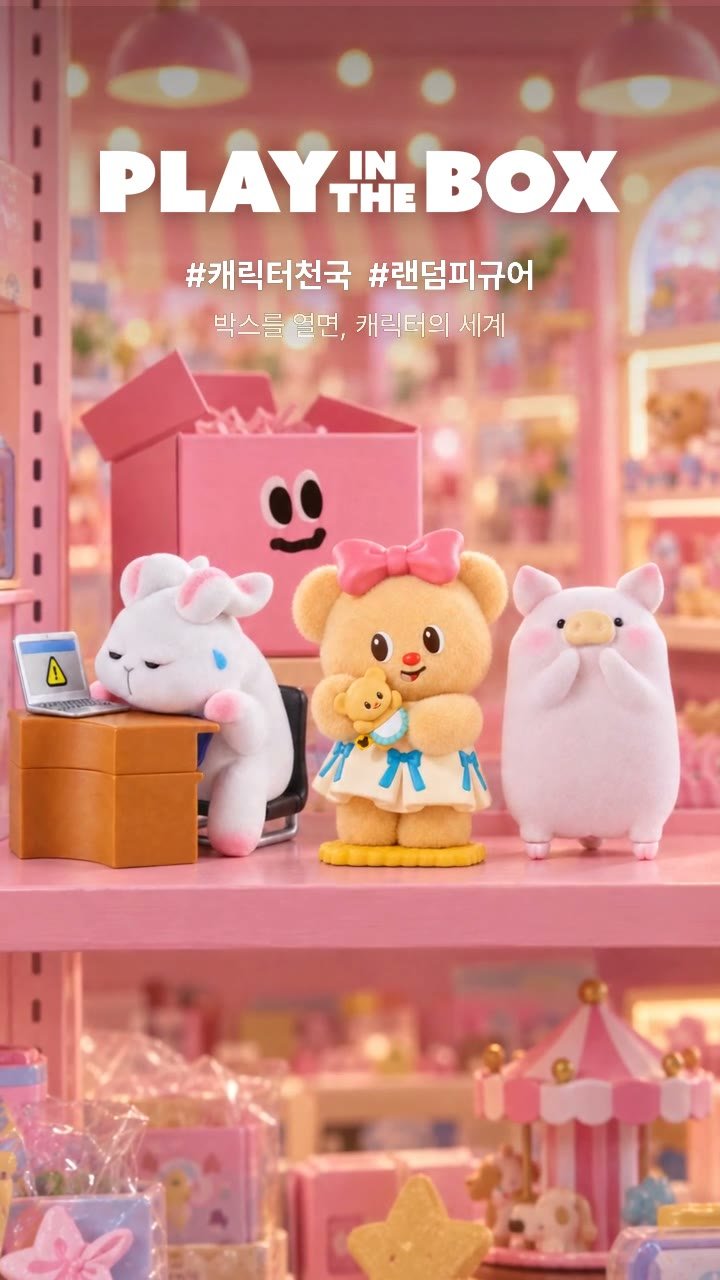 선물 상자와 캐릭터 피규어 위에 PLAY IN THE BOX 워드마크가 놓인 브랜드 영상 장면